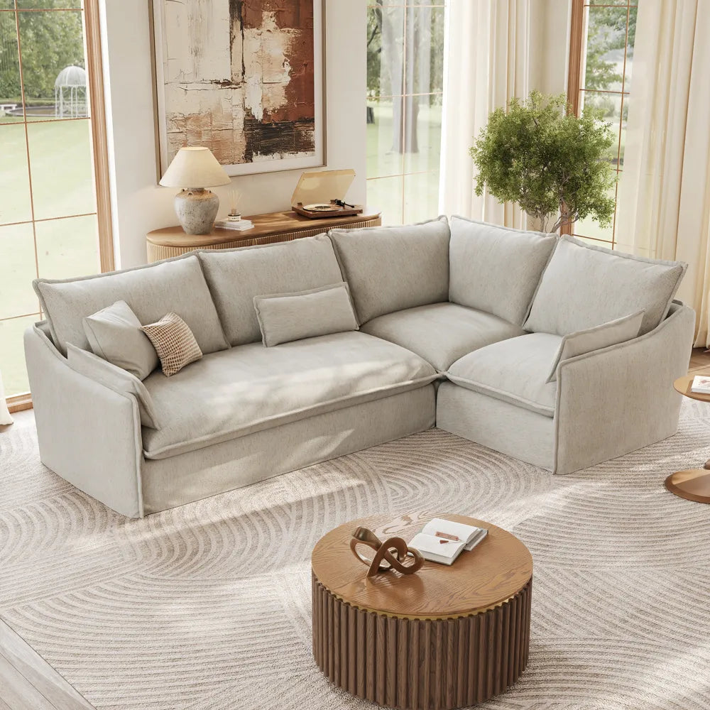 Luna-Beige Cotton Linen L-Shaped Sofa with Removable Covers