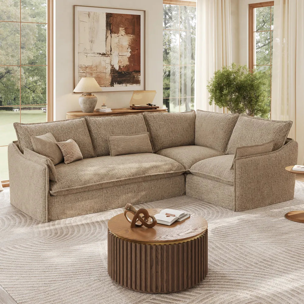 Luna-Khaki Cotton Linen L-Shaped Sofa with Removable Covers