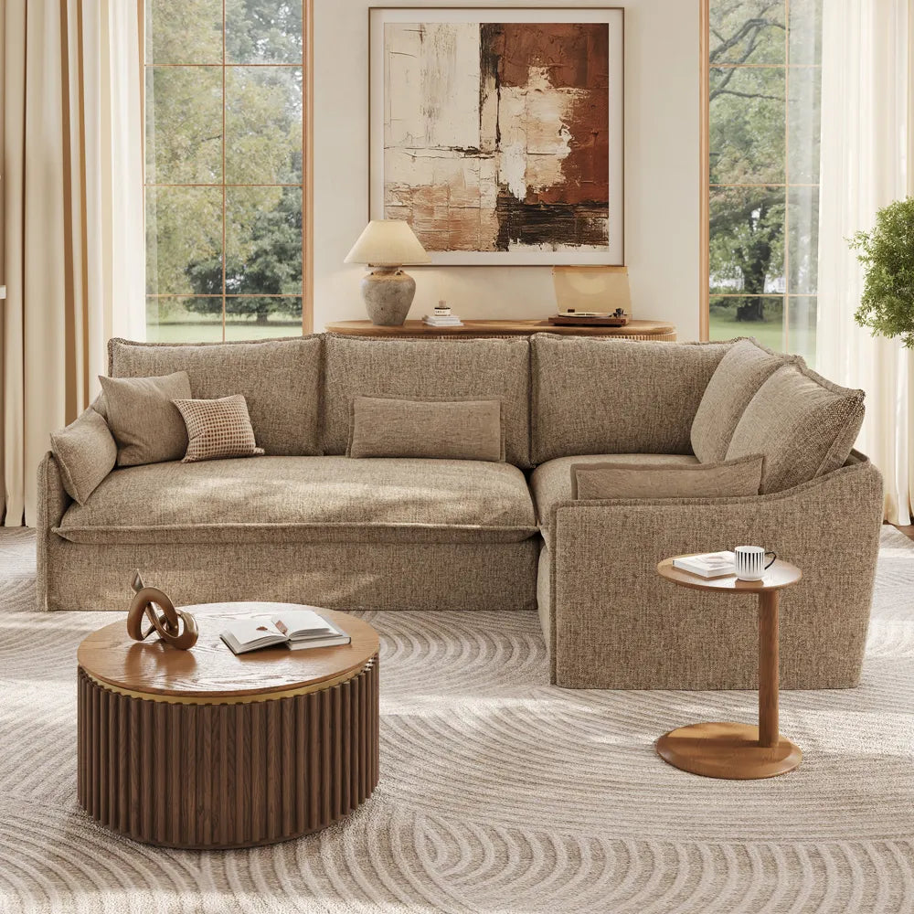 Luna-Khaki Cotton Linen L-Shaped Sofa with Removable Covers