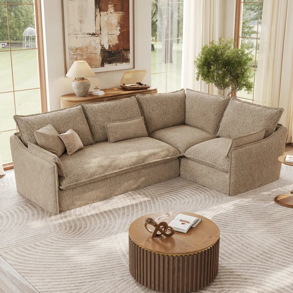 Luna-Khaki Cotton Linen L-Shaped Sofa with Removable Covers