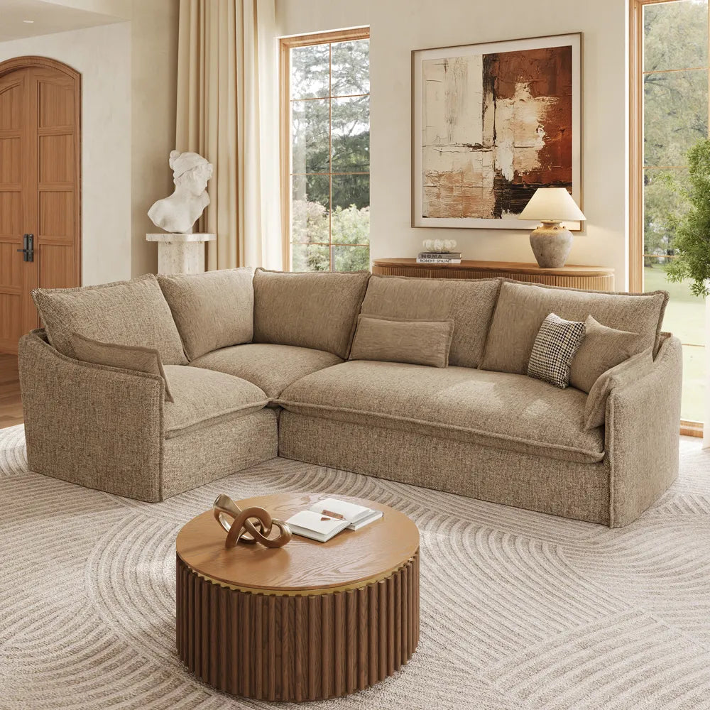Luna-Khaki L-Shaped Sectional Modern Cotton Linen Sofa with Clean Lines