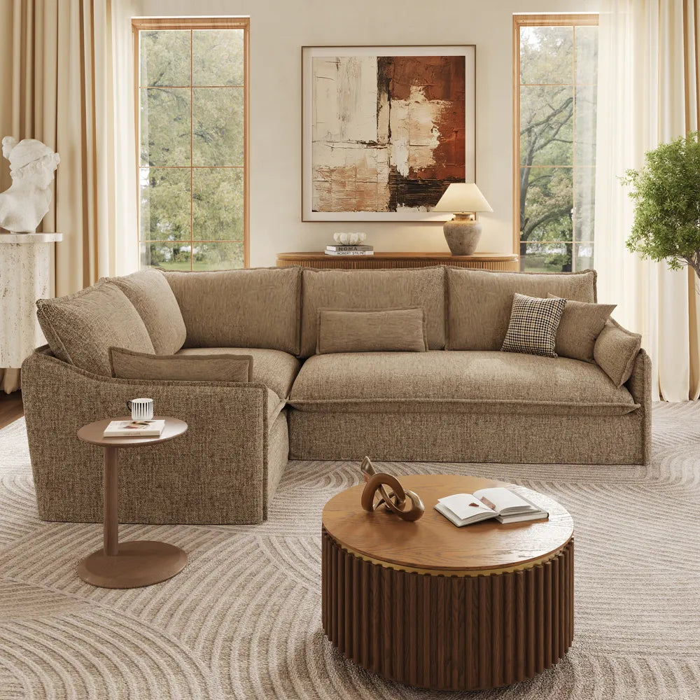 Luna-Khaki L-Shaped Sectional Modern Cotton Linen Sofa with Clean Lines
