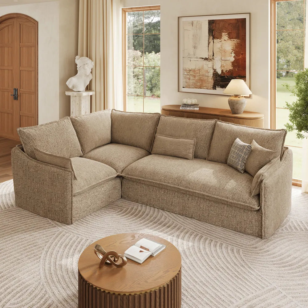Luna-Khaki L-Shaped Sectional Modern Cotton Linen Sofa with Clean Lines