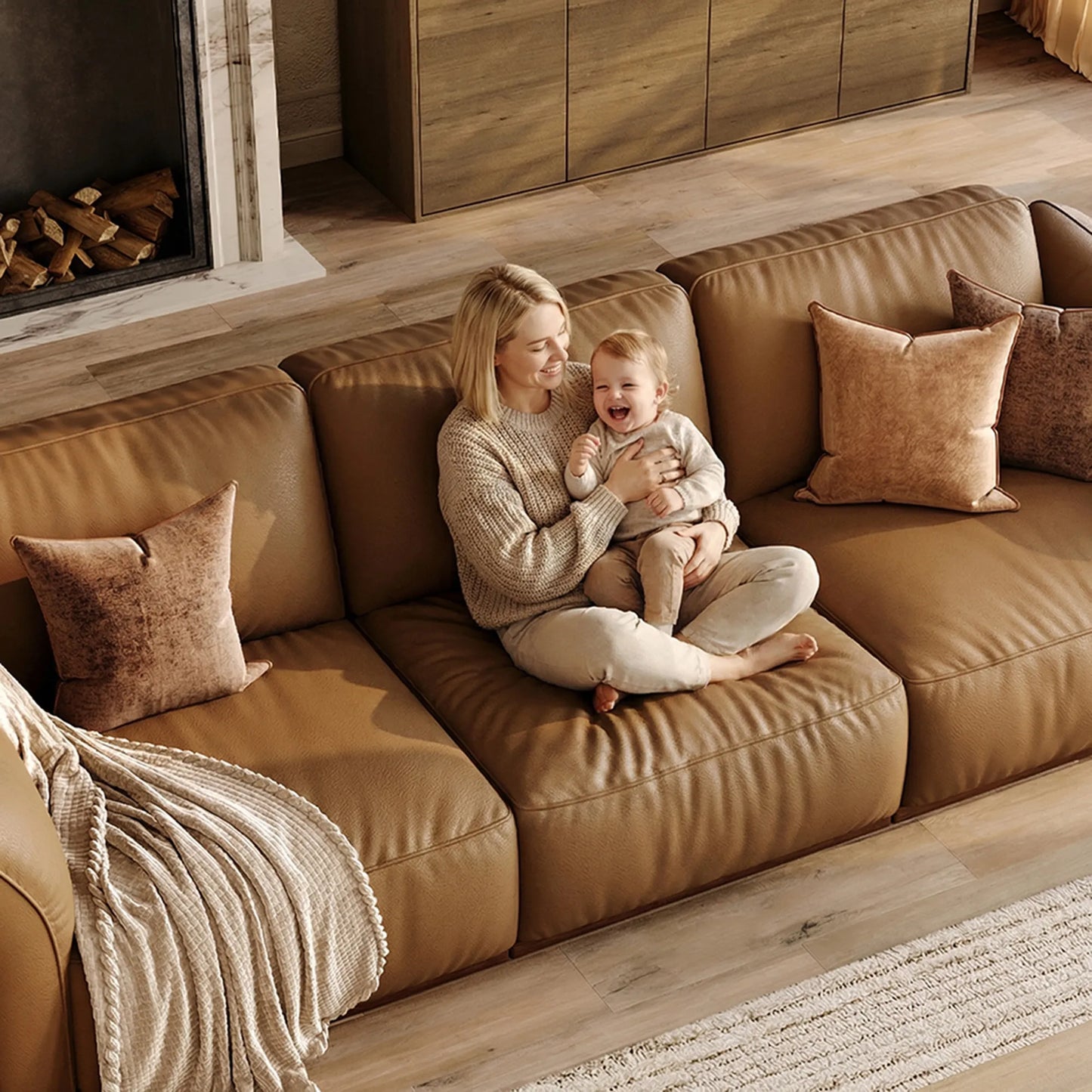 Genuine Leather Modular Sofa with Solid Wood Frame