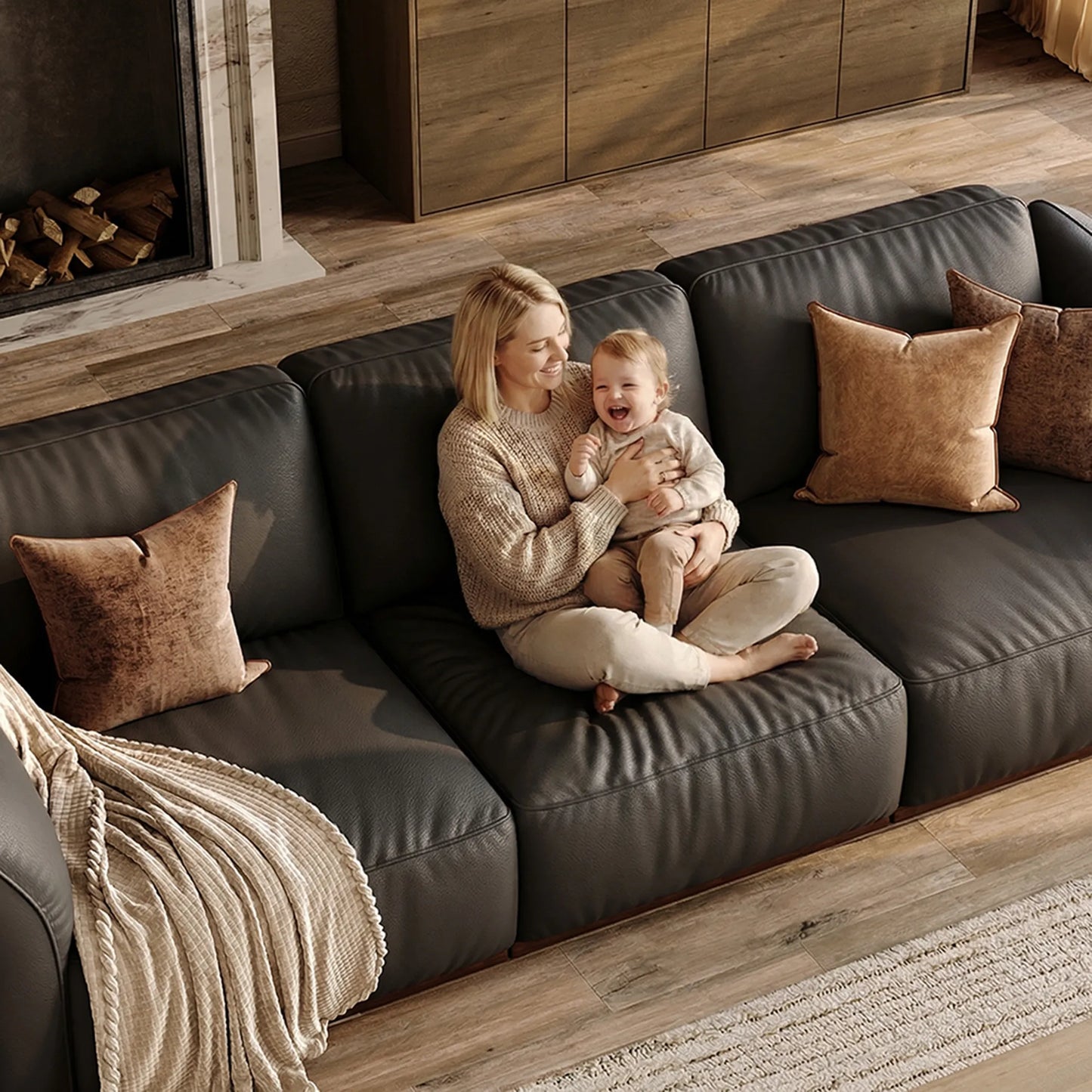 Genuine Leather Modular Sofa with Solid Wood Frame