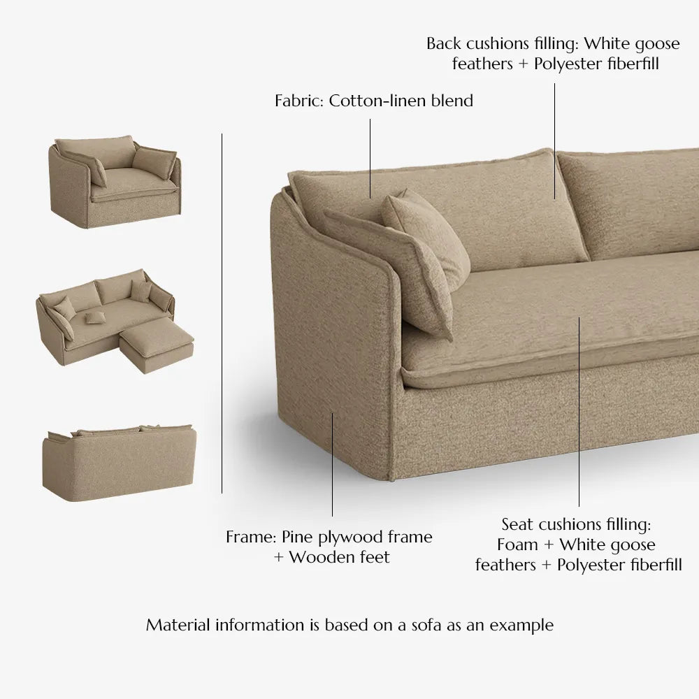 Luna-Khaki Cotton Linen L-Shaped Sofa with Removable Covers