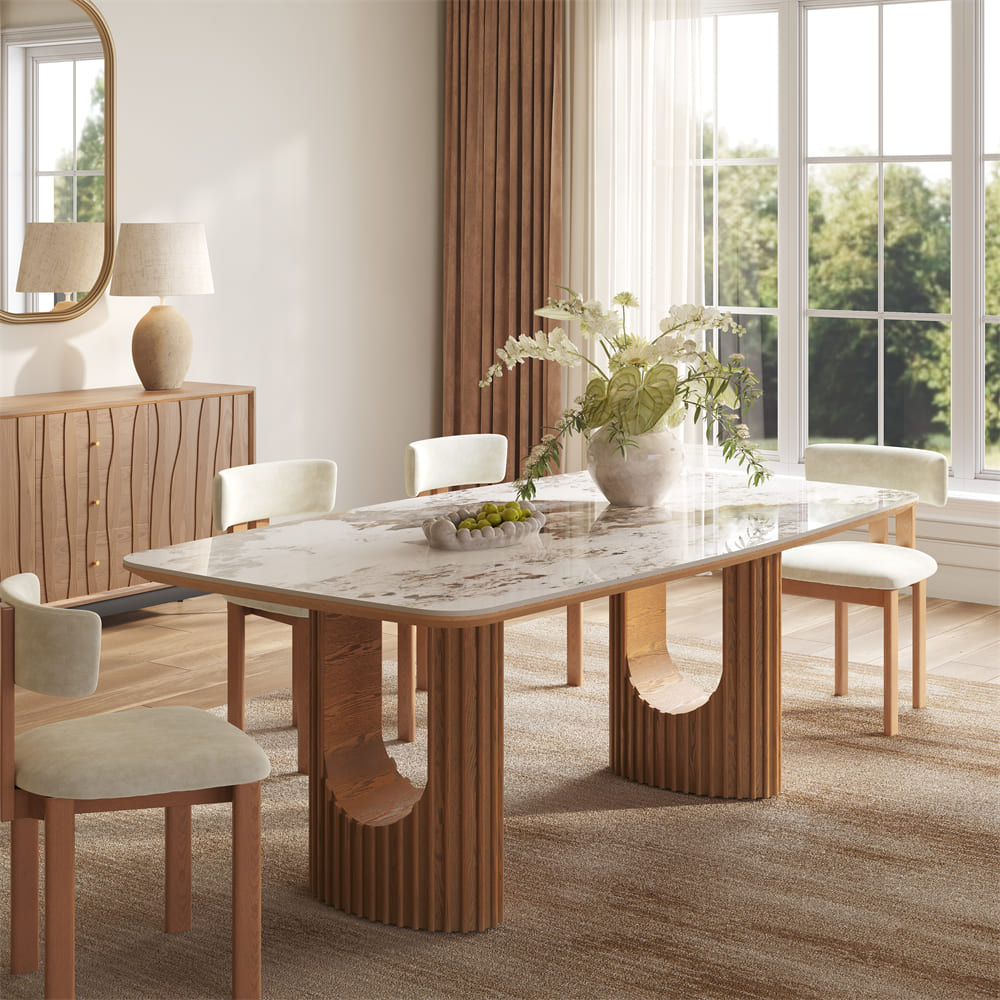 Silva – Table à manger moderne du milieu du siècle en pierre frittée brillante