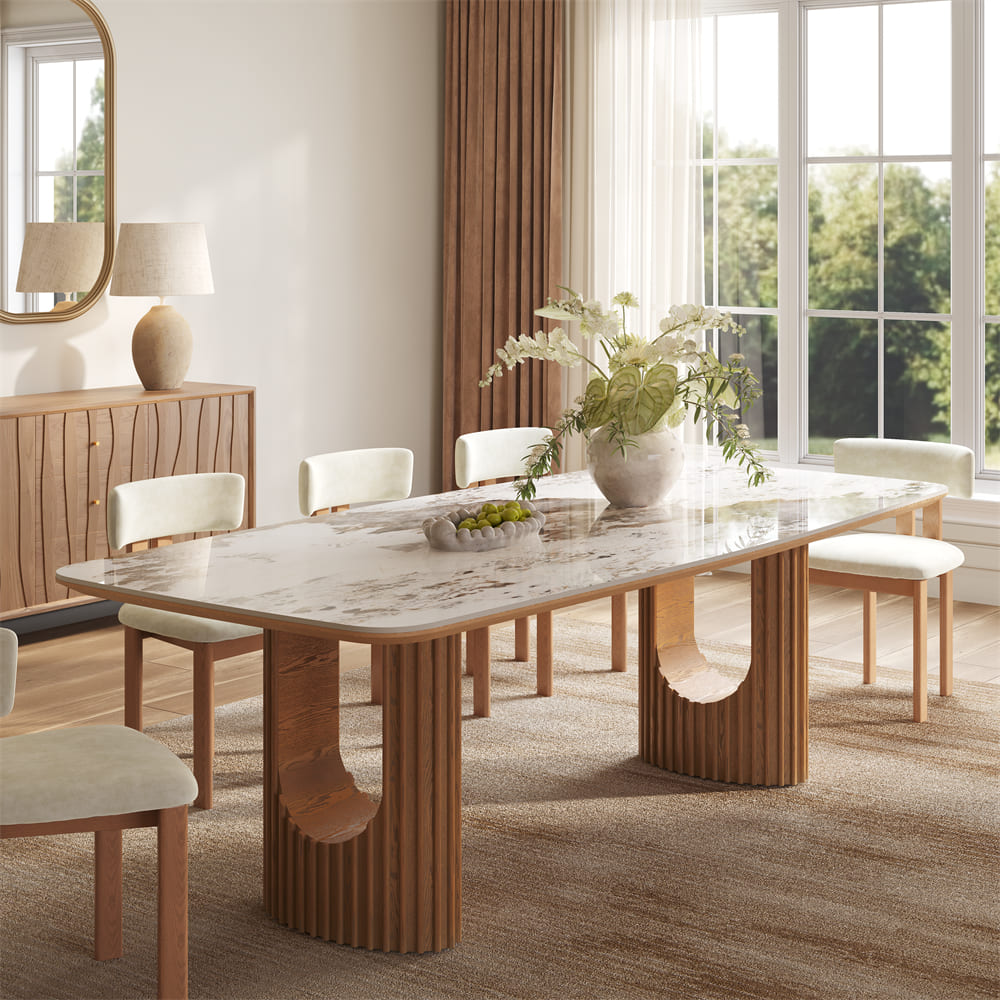 Silva – Table à manger moderne du milieu du siècle en pierre frittée brillante