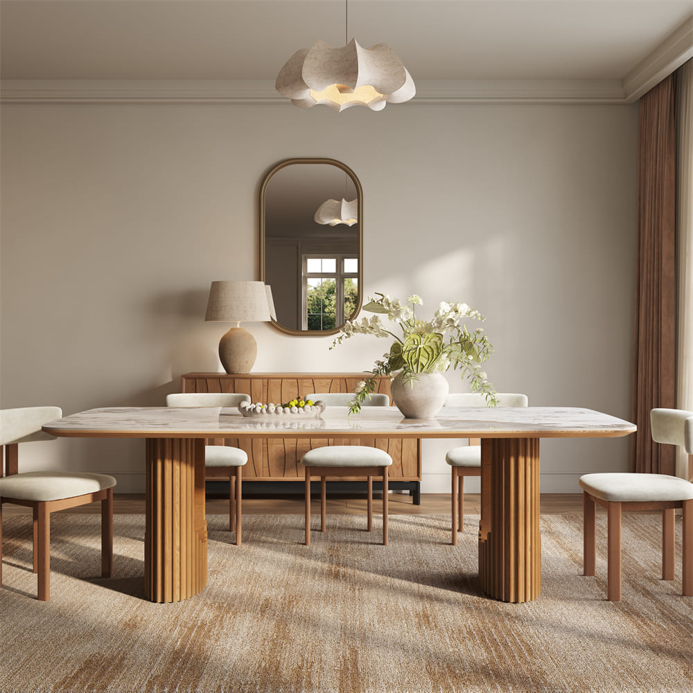 Silva – Table à manger moderne du milieu du siècle en pierre frittée brillante