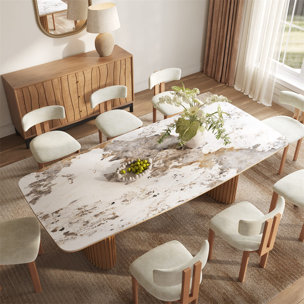 Silva – Table à manger moderne du milieu du siècle en pierre frittée brillante