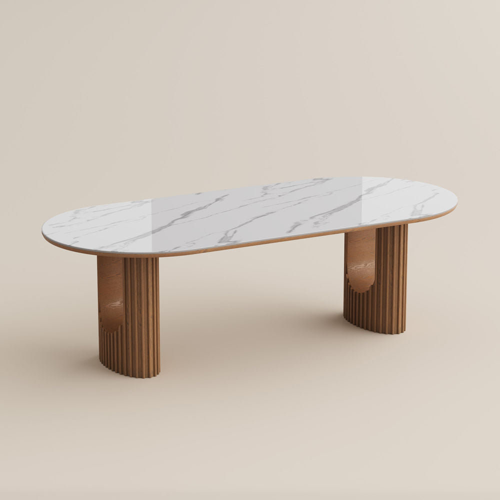 Silva - Table à manger ovale moderne en pierre frittée brillante