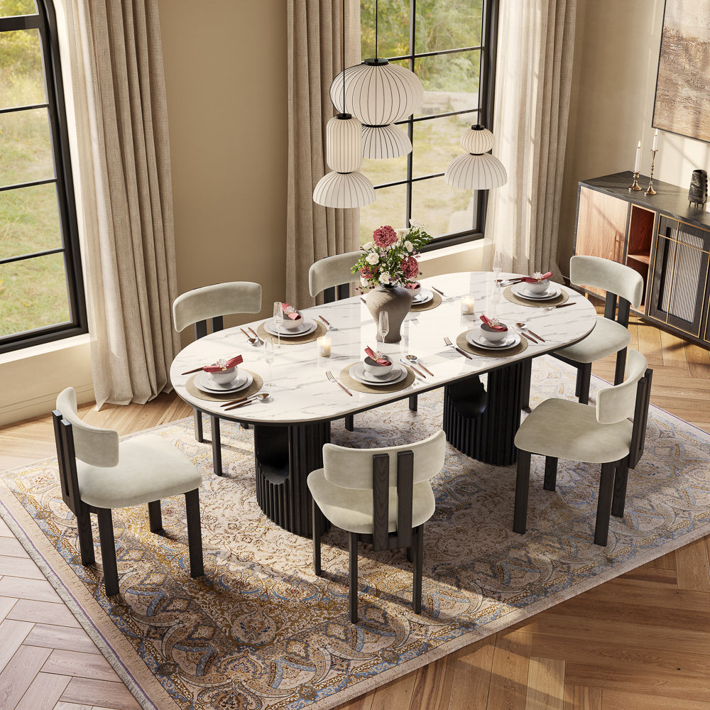 Silva - Table à manger ovale moderne en pierre frittée brillante