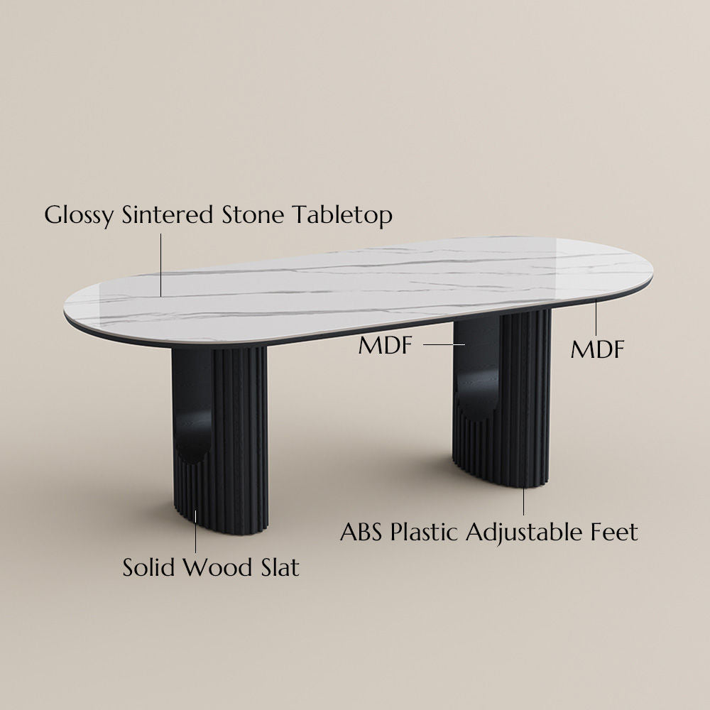 Silva - Table à manger ovale moderne en pierre frittée brillante