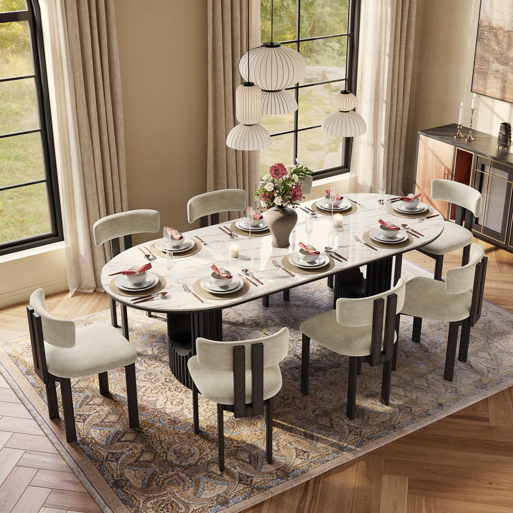 Silva - Table à manger ovale moderne en pierre frittée brillante