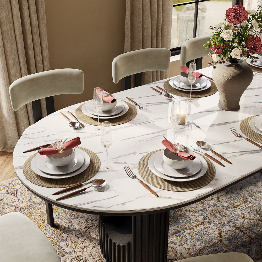 Silva - Table à manger ovale moderne en pierre frittée brillante