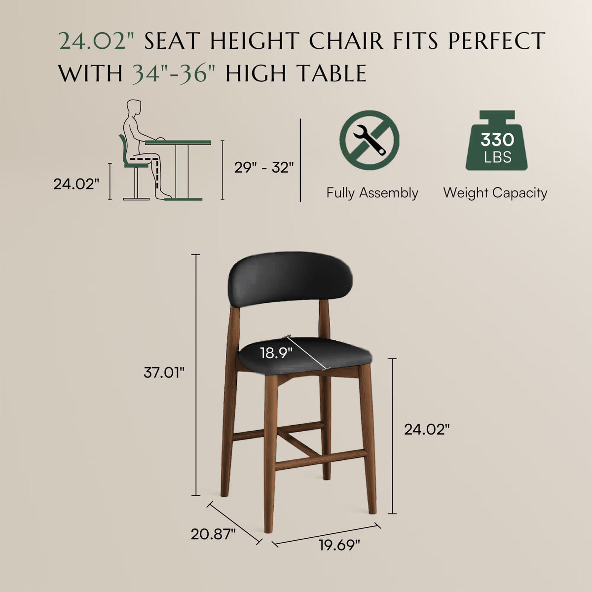 Lawson-24'' Mid-Century Modern Wood Counter Height Bar Stools Set of 2
