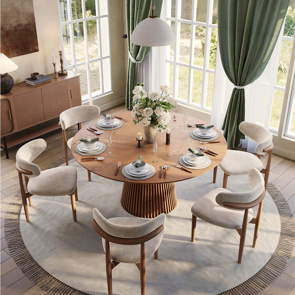 59-inch round walnut-finish dining table with fluted pedestal base in a dining room (chairs and décor not included)