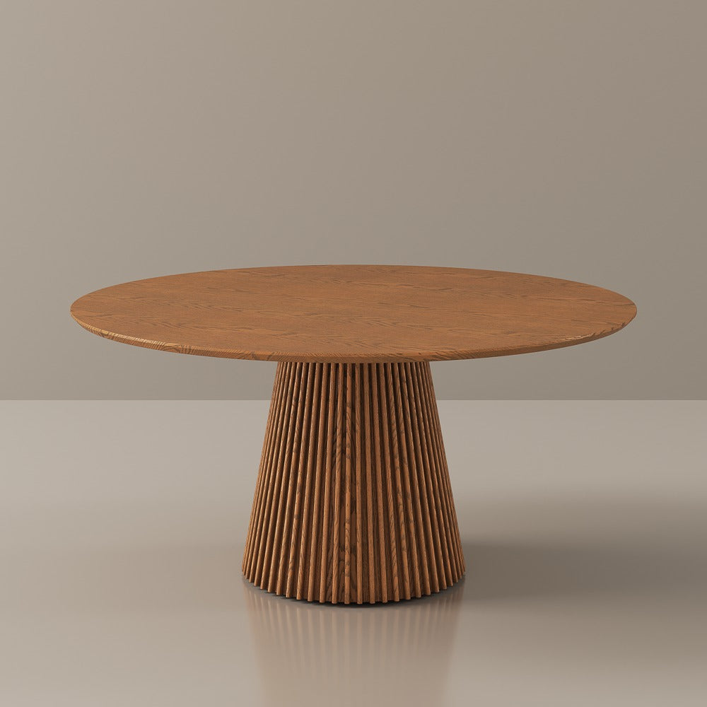 59-inch round walnut-finish dining table on a plain background