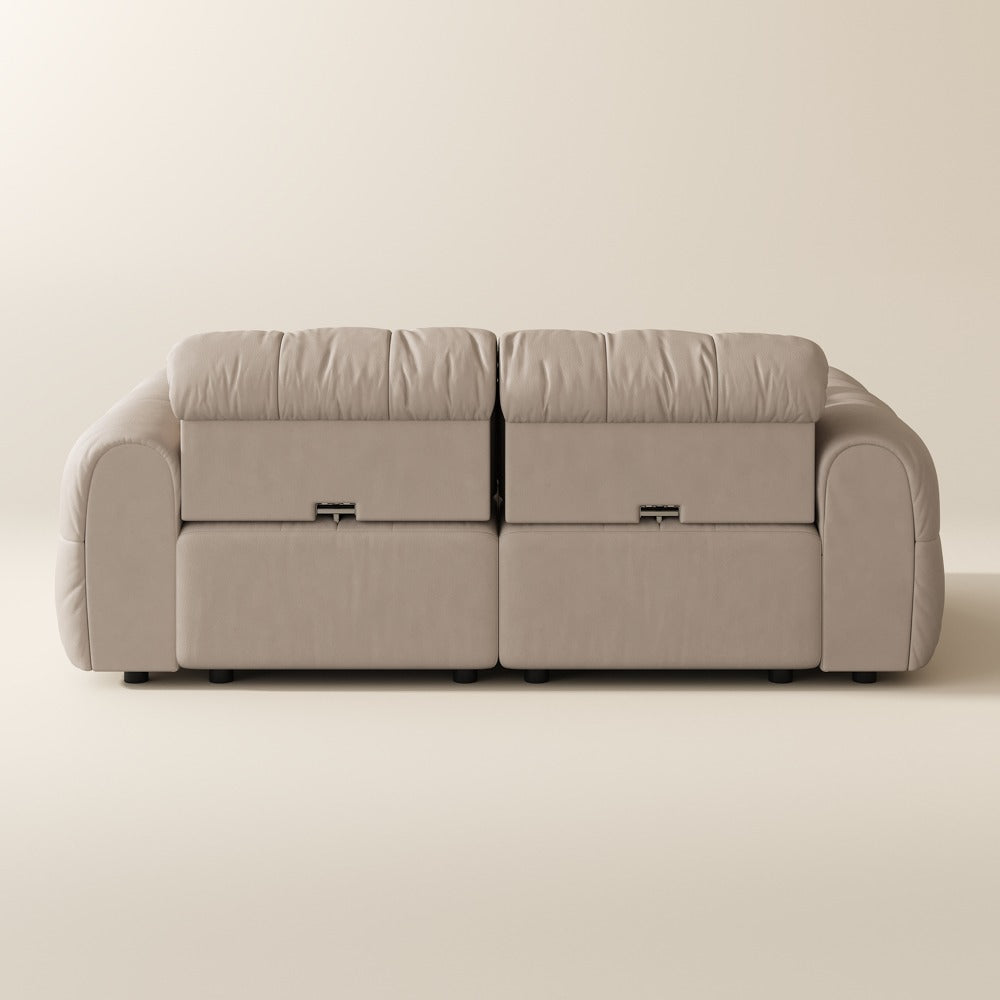 88-inch beige leather tufted modular sofa, back view