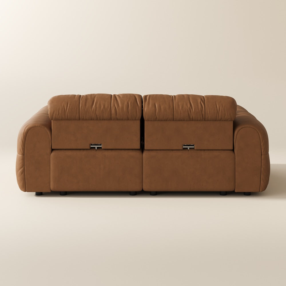 Brown leather tufted modular sofa, back view