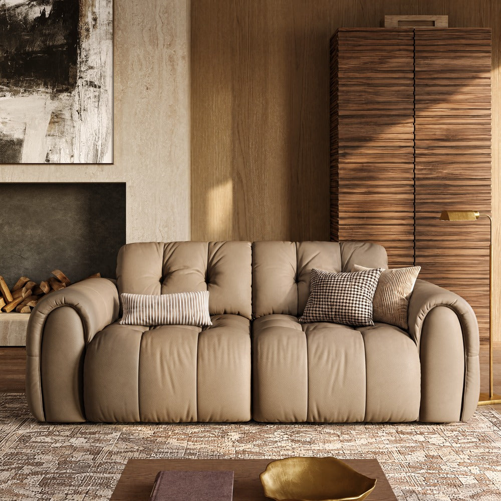 88-inch khaki leather tufted sofa in a living room, front view