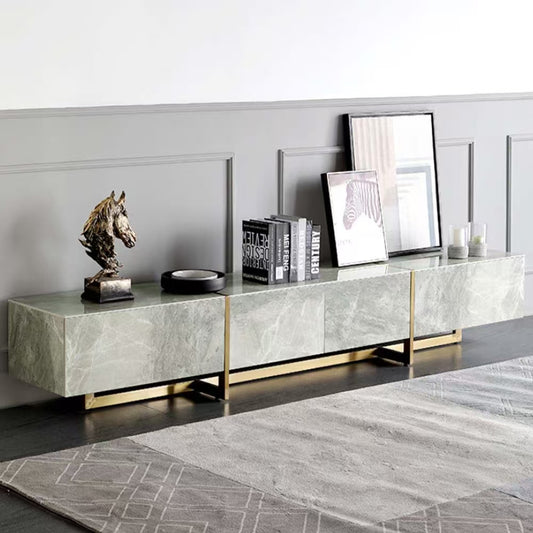 Console multimédia moderne avec 4 tiroirs en pin, cadre en acier inoxydable, gris, luxe, entièrement assemblée, 78,7 pouces.