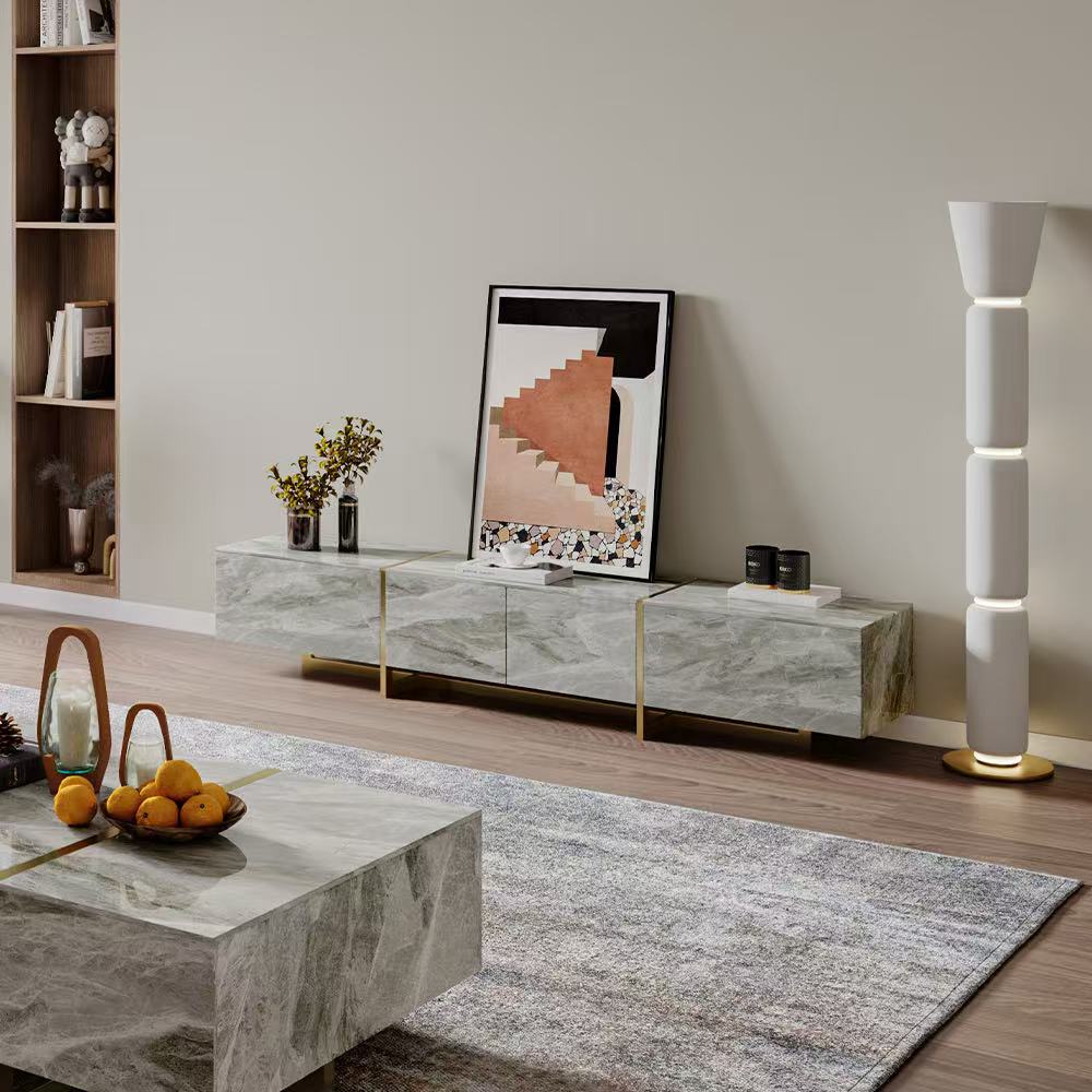 Console multimédia moderne avec 4 tiroirs en pin, cadre en acier inoxydable, gris, luxe, entièrement assemblée, 78,7 pouces.