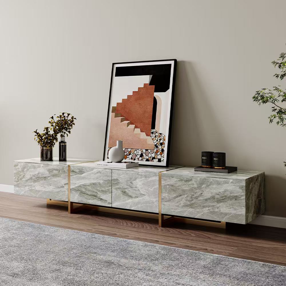Console multimédia moderne avec 4 tiroirs en pin, cadre en acier inoxydable, gris, luxe, entièrement assemblée, 78,7 pouces.