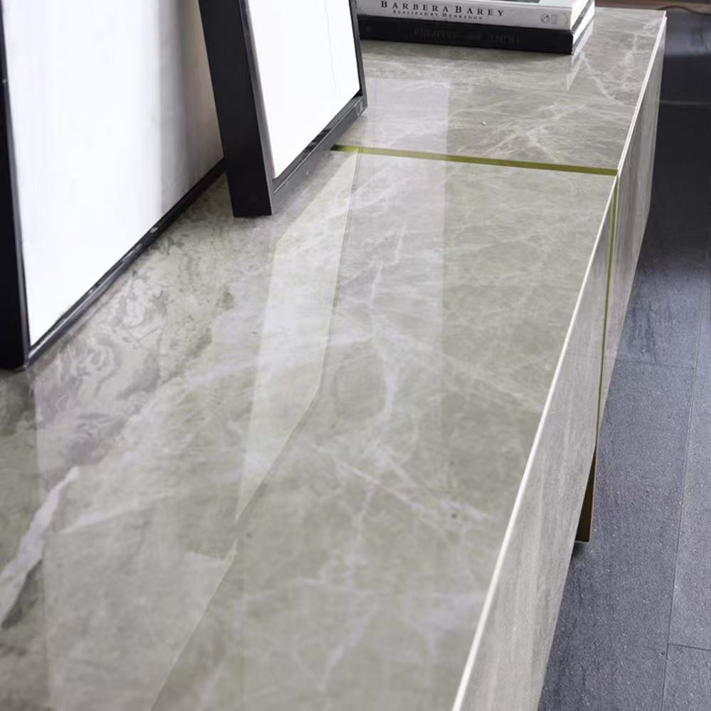 Console multimédia moderne avec 4 tiroirs en pin, cadre en acier inoxydable, gris, luxe, entièrement assemblée, 78,7 pouces.