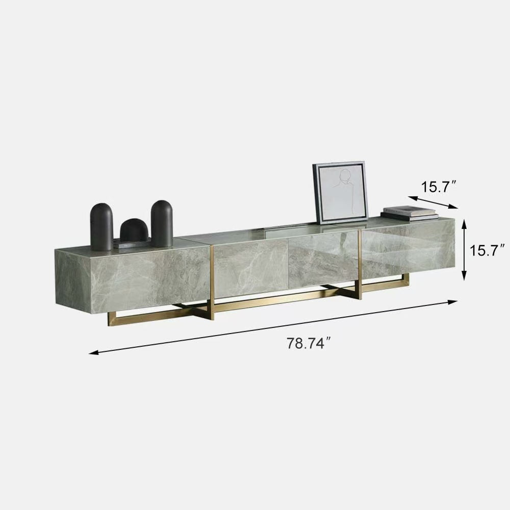 Console multimédia moderne avec 4 tiroirs en pin, cadre en acier inoxydable, gris, luxe, entièrement assemblée, 78,7 pouces.