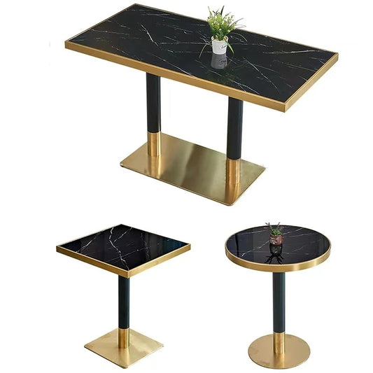 Commercial Luxury Dining Table – Black Glossy Sintered Stone Top with Gold Stainless Steel Base