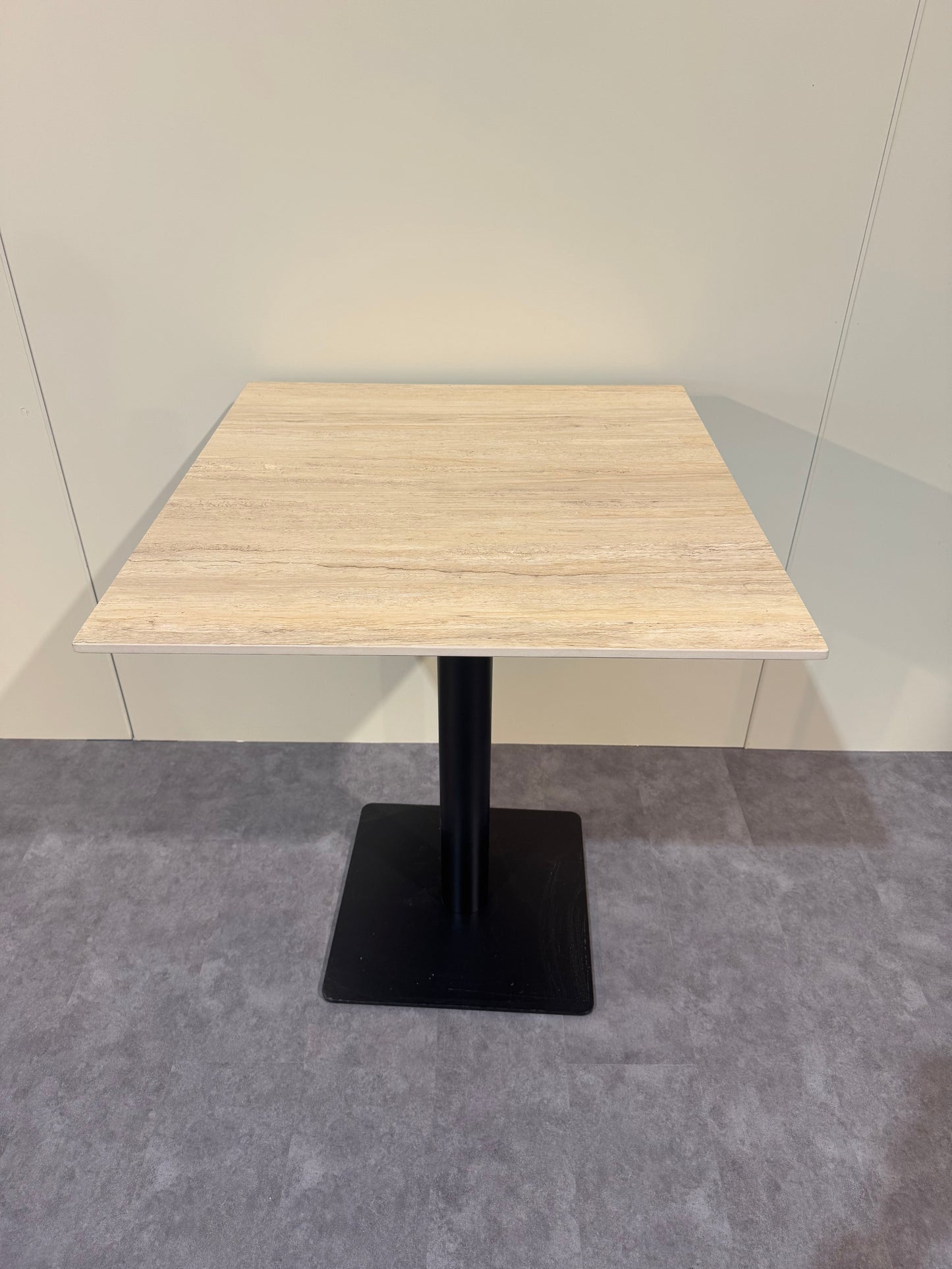 27.5" x 25.5" Wood-Style Sintered Stone Dining Table – Matte Finish with Black Metal Base | Commercial Restaurant Table