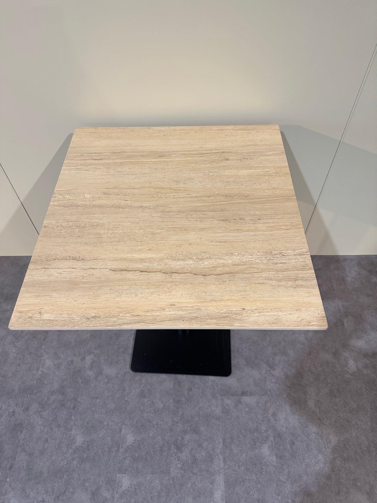 27.5" x 25.5" Wood-Style Sintered Stone Dining Table – Matte Finish with Black Metal Base | Commercial Restaurant Table