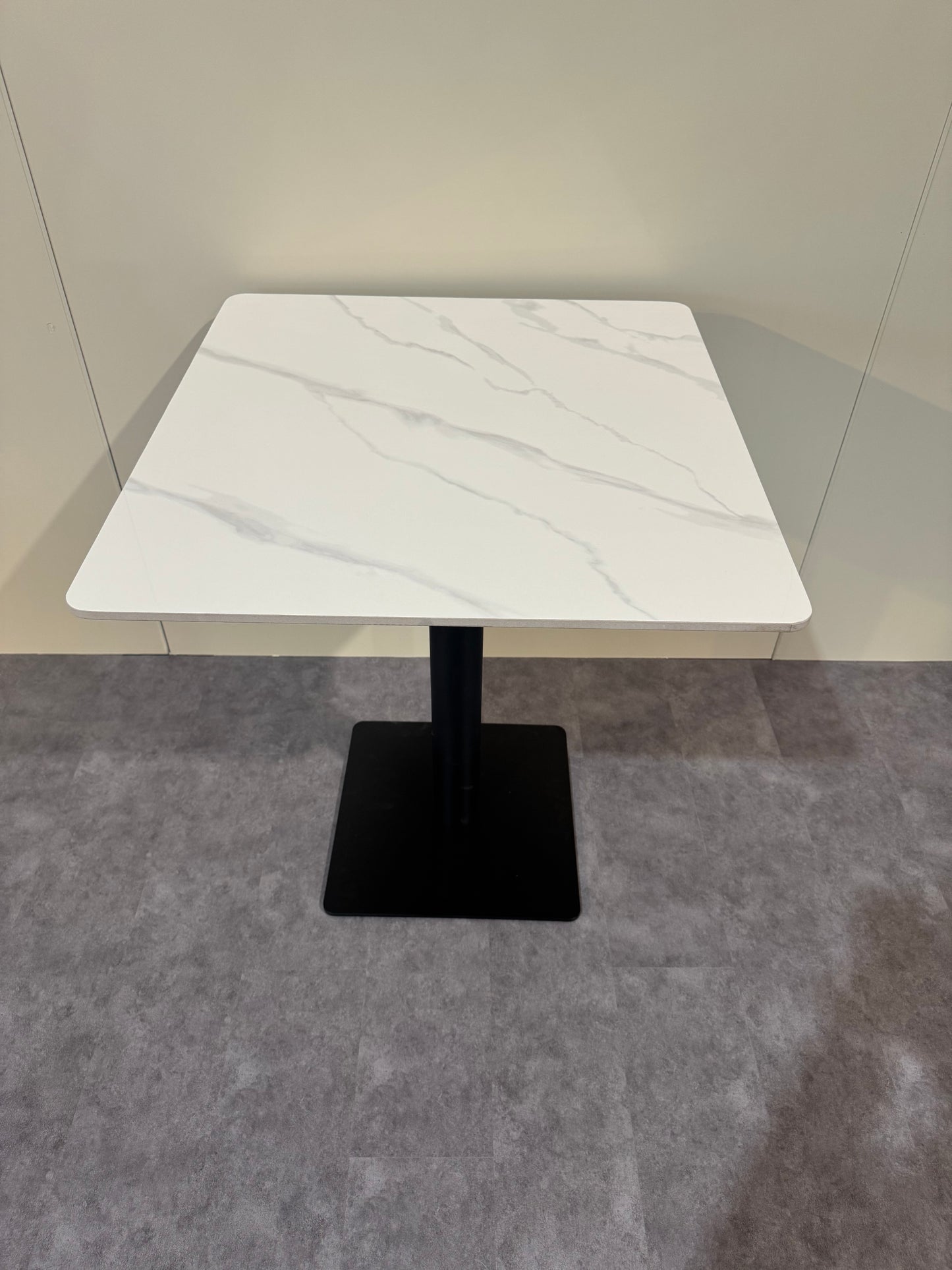 27.5” x 25.5” Sintered Stone Dining Table – Glossy White  Sintered stone Top with Black Metal Base | Commercial Restaurant Table