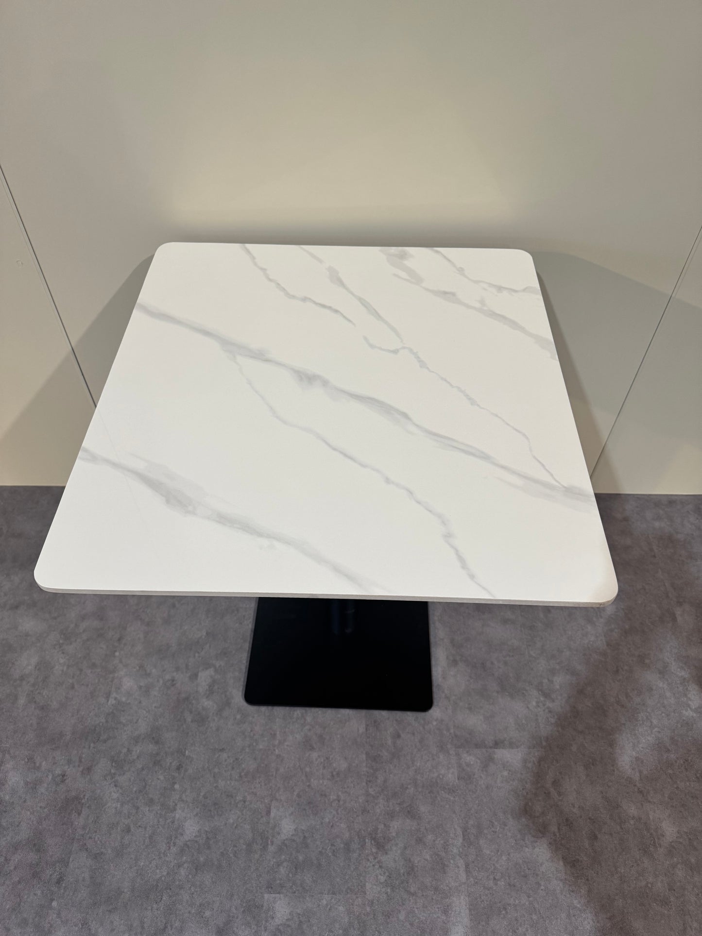 27.5” x 25.5” Sintered Stone Dining Table – Glossy White  Sintered stone Top with Black Metal Base | Commercial Restaurant Table