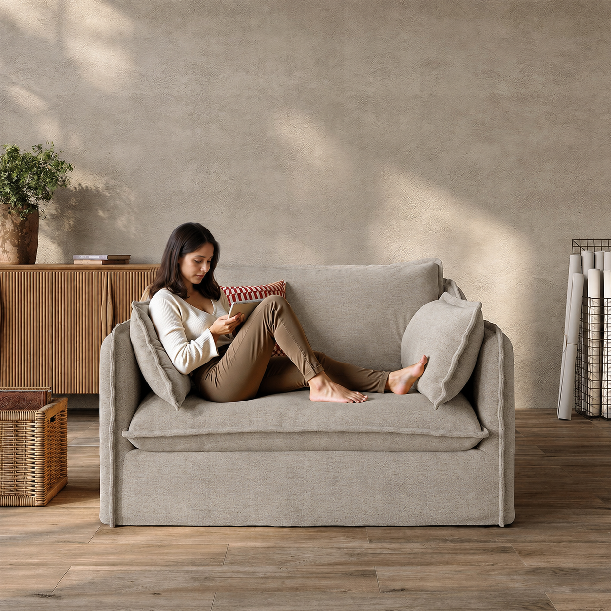 Luna-Beige Linen Single Sofa Accent Chair Kahki Removable Covers