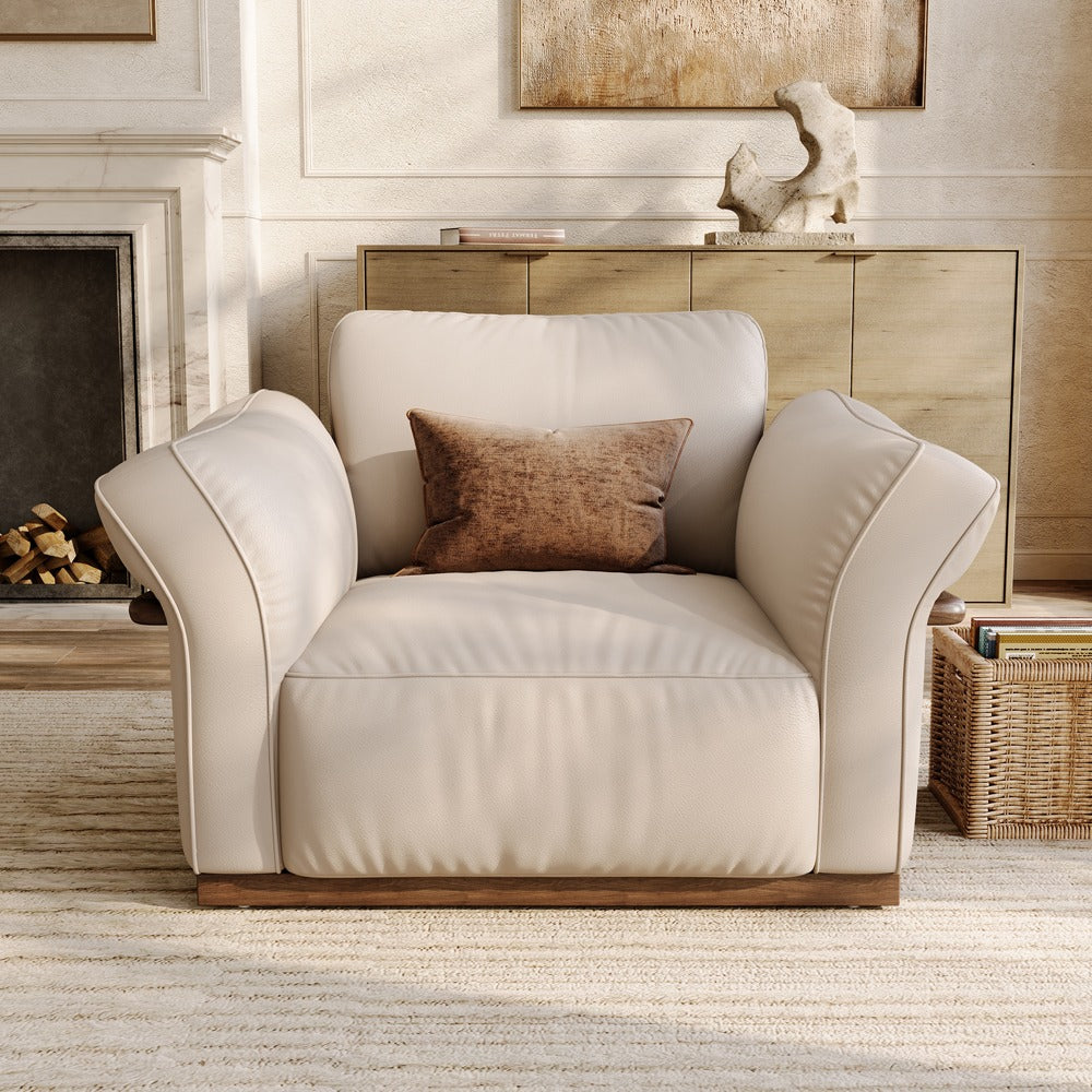 Beige leather accent chair, front view in a living room