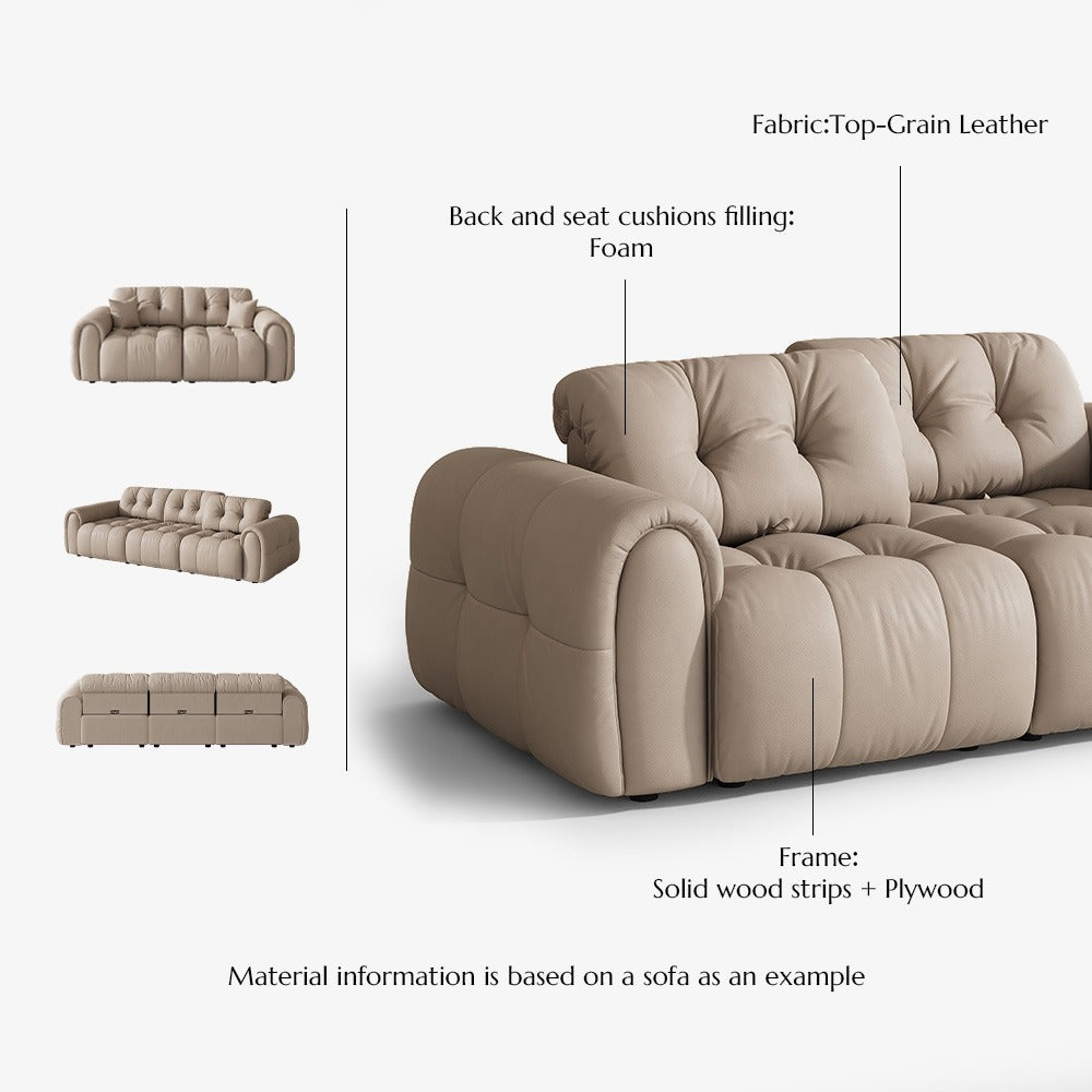 Beige leather tufted sofa materials: top-grain leather, foam cushions, solid wood strips and plywood frame