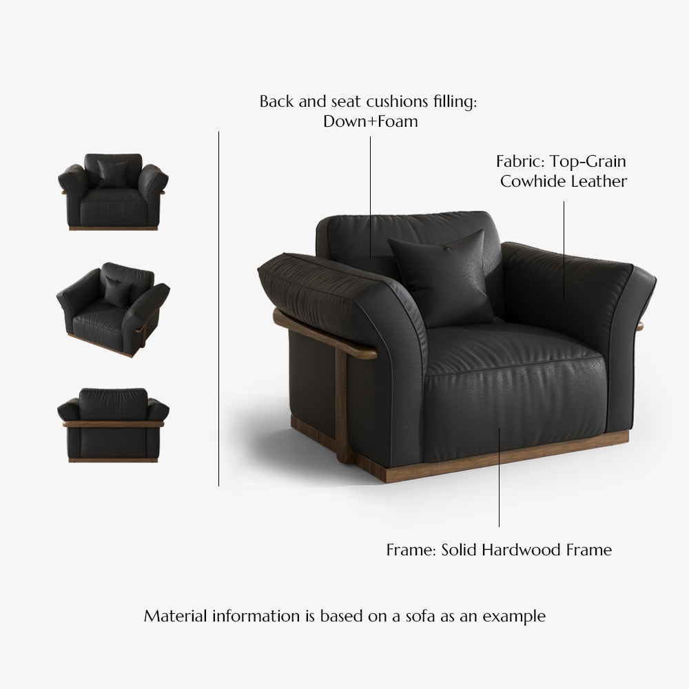 Black leather accent chair materials: top-grain cowhide leather, solid hardwood frame