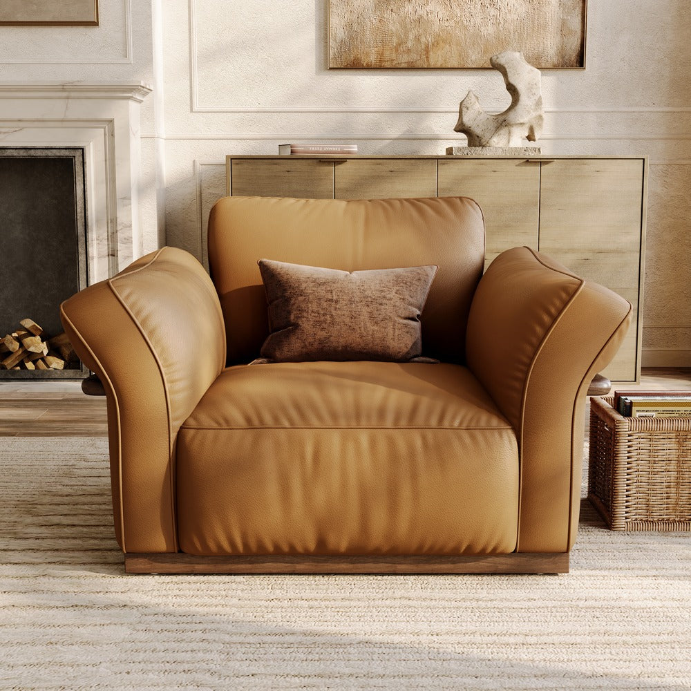 Brown leather accent chair, front view in a living room