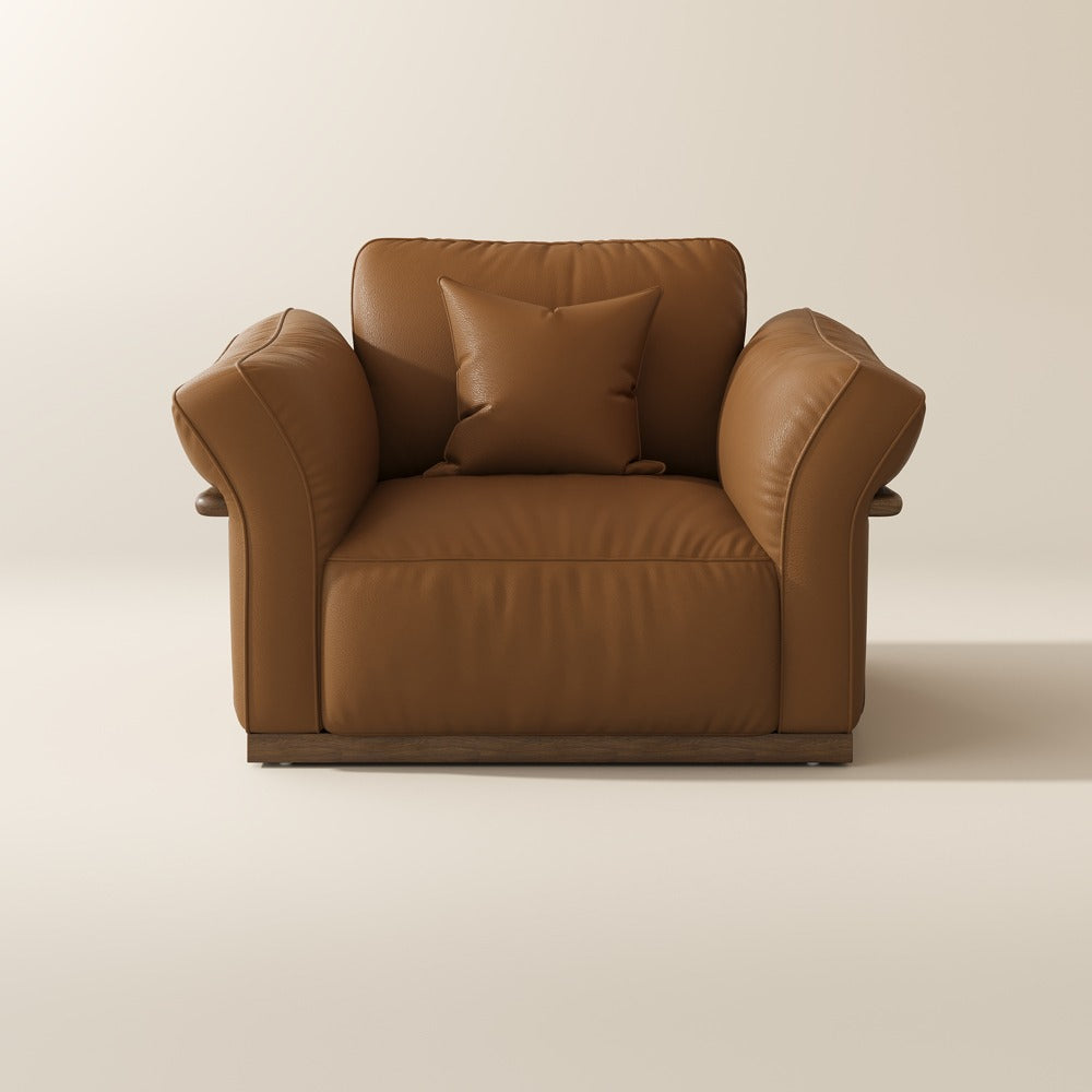 Brown top-grain leather accent chair, front view on a plain background