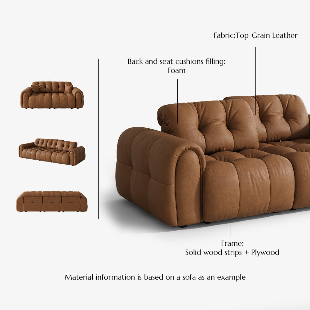 Brown leather tufted sofa materials: top-grain leather, foam cushions, solid wood strips and plywood frame