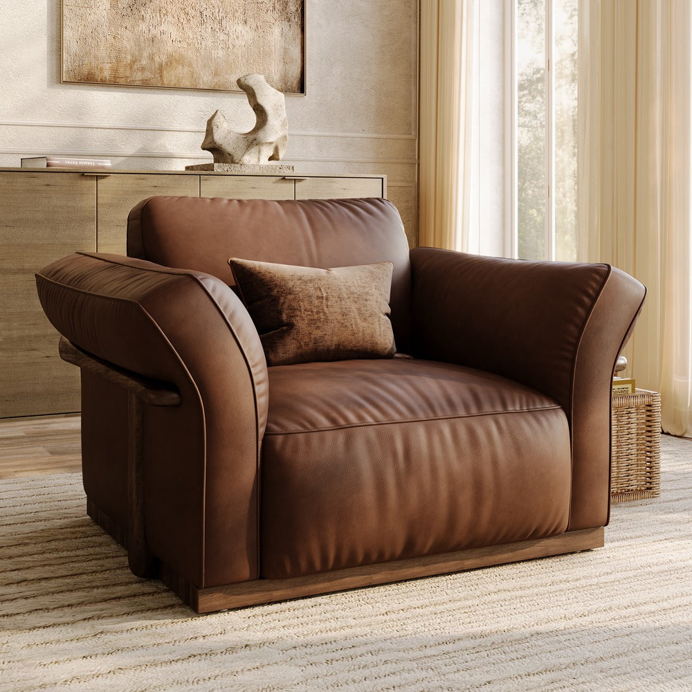 Dark Brown top-grain leather accent chair with solid wood frame in a living room