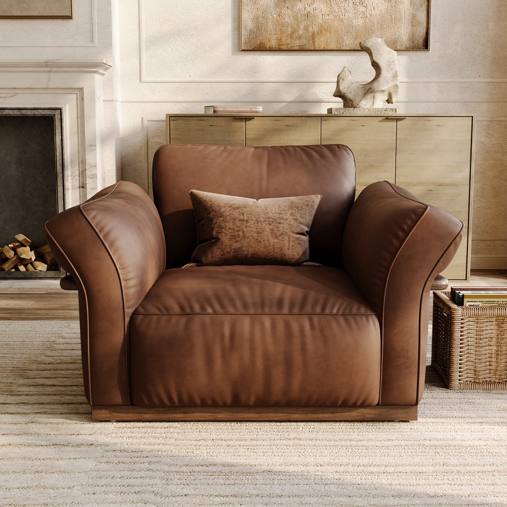Dark Brown leather accent chair, front view in a living room