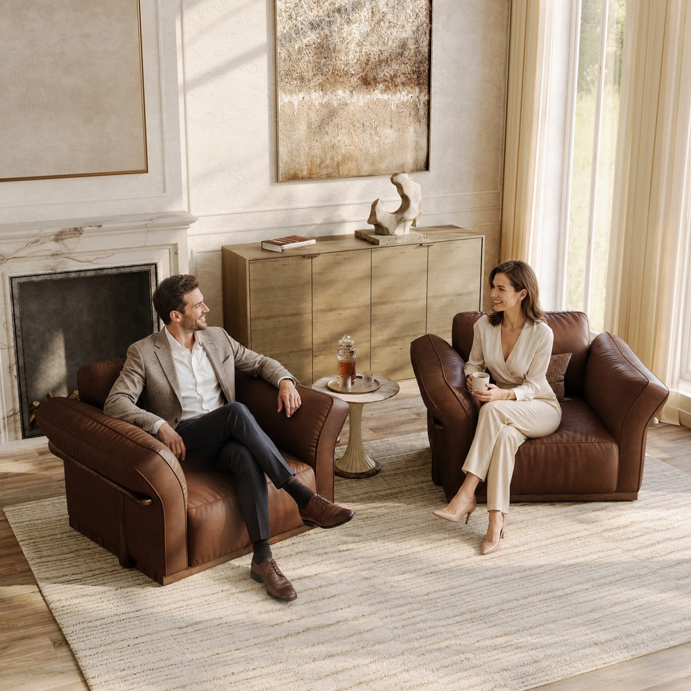 Dark Brown leather accent chairs shown as a pair in a living room (each chair sold individually)