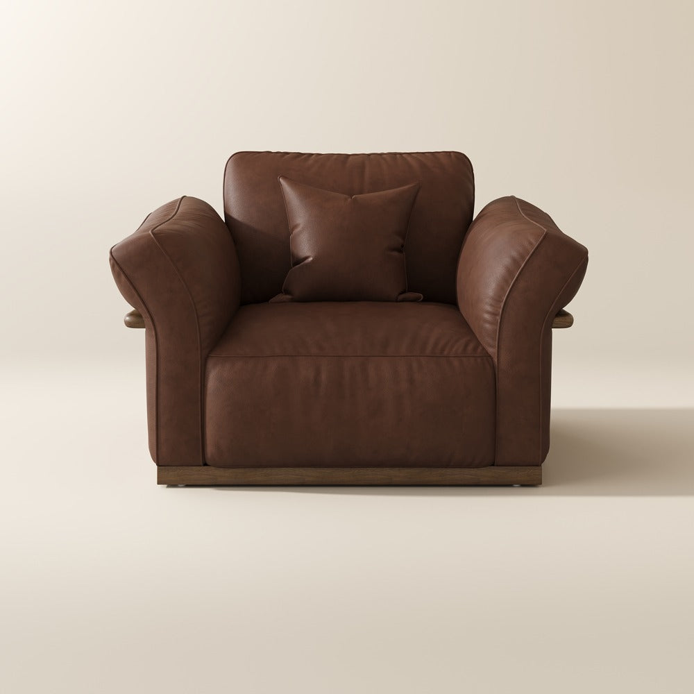 Dark Brown top-grain leather accent chair, front view on a plain background