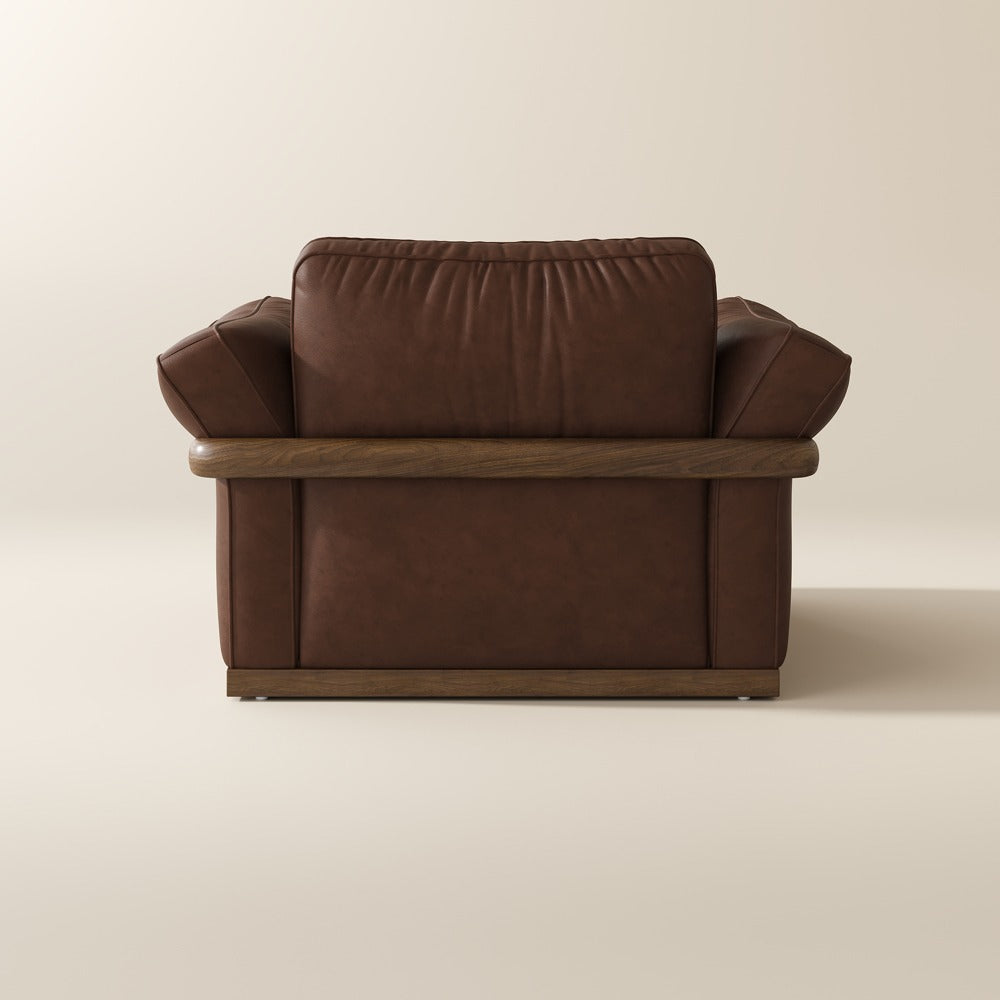 Dark Brown leather accent chair, back view showing the solid wood frame