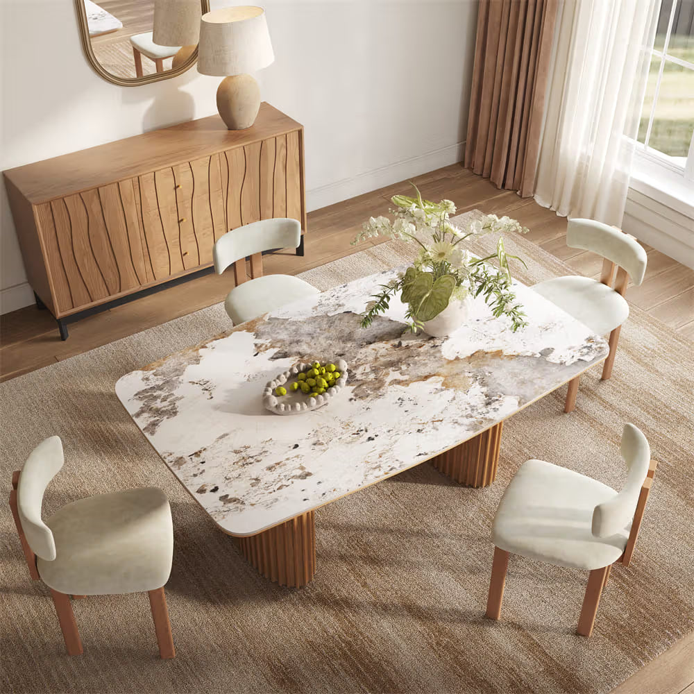 Silva – Table à manger moderne du milieu du siècle en pierre frittée brillante