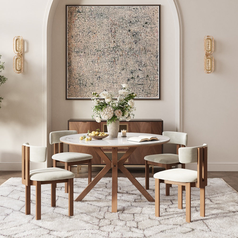 White round dining table with walnut-tone crossed-leg base, front view