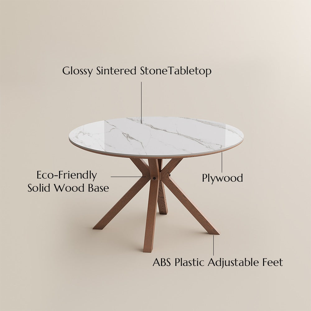 Round dining table materials: sintered stone top, solid wood base, adjustable feet